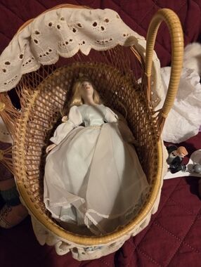 Porcelain Doll in Wicker Basket with Lace Trim - Light Blue Dress
